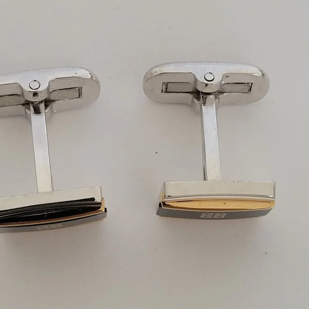 Givenchy Cufflinks Set Silver Gold Tone Black Onyx Square Logo Vintage Designer‎